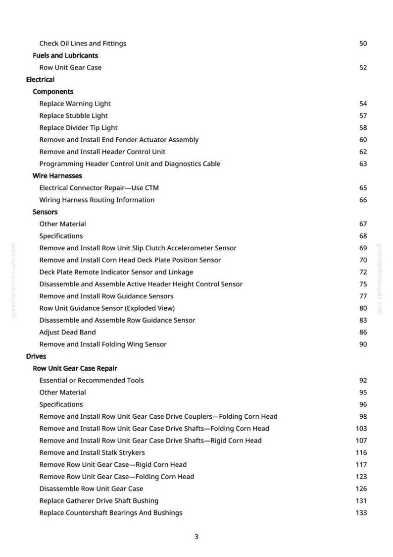 May include: A detailed table of contents from a manual, listing various components and procedures for agricultural machinery repair. Includes sections on electrical components, wire harnesses, sensors, and drives. The text is black on a white background.