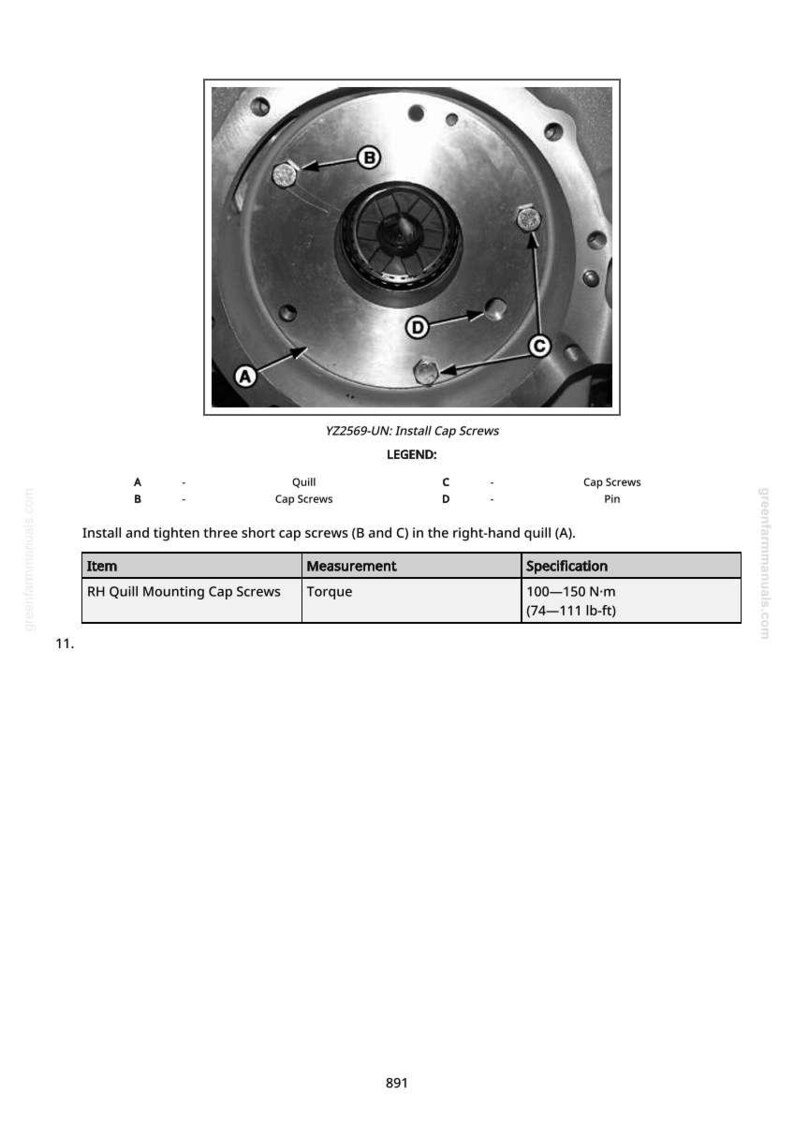 K&ouml;nnte beinhalten: Diagramm einer mechanischen Komponente mit beschrifteten Schrauben und einer Legende. Der Text lautet "YZ2569-UN: Install Cap Screws" und enth&auml;lt Drehmomentangaben von 100-150 N-m.