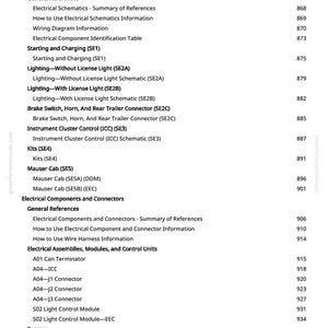 May include: A page from a manual with a table of contents. The text includes "Electrical Schematics", "Starting and Charging", and "Sensors". The page number is 12.