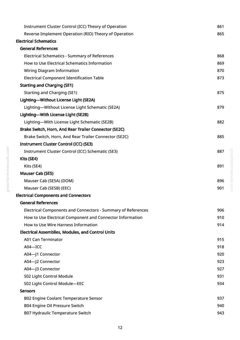 May include: A page from a manual with a table of contents. The text includes "Electrical Schematics", "Starting and Charging", and "Sensors". The page number is 12.