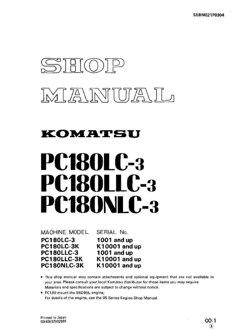 K&ouml;nnte beinhalten: Ein wei&szlig;es Werkstatthandbuch mit dem Text "SHOP MANUAL" und "KOMATSU" in Schwarz. Das Handbuch listet die Maschinenmodelle PC180LC-3, PC180LLC-3 und PC180NLC-3 auf. Das Dokument ist in Japan gedruckt.