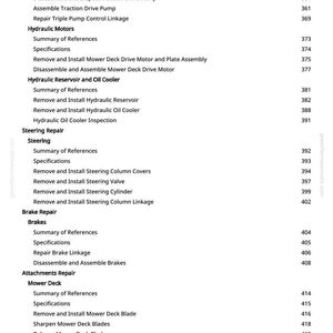 May include: A page from a manual with a table of contents for mower repair. The text includes sections on hydraulic motors, steering repair, brake repair, and mower deck maintenance. The page number is 5.