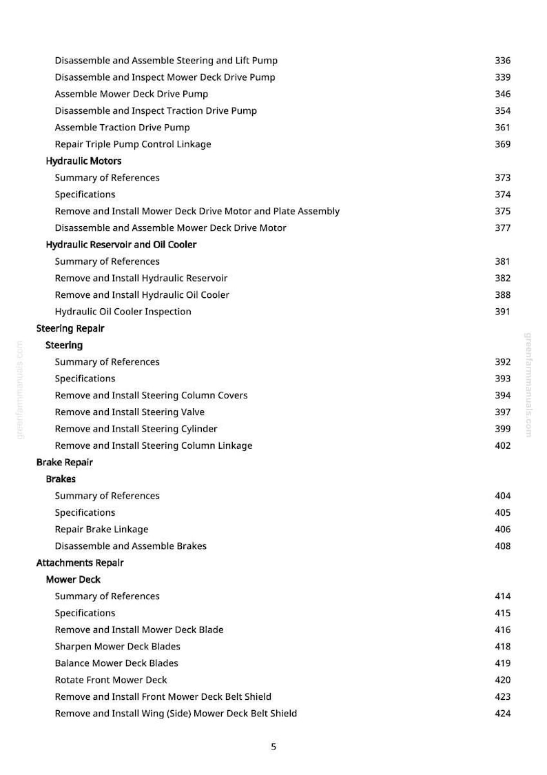May include: A page from a manual with a table of contents for mower repair. The text includes sections on hydraulic motors, steering repair, brake repair, and mower deck maintenance. The page number is 5.