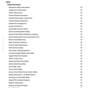 May include: A page from a manual titled "Table of Contents". The text lists safety topics such as "Prevent Machine Runaway", "Avoid High-Pressure Fluids", and "Service Tires Safely". The page number is visible.