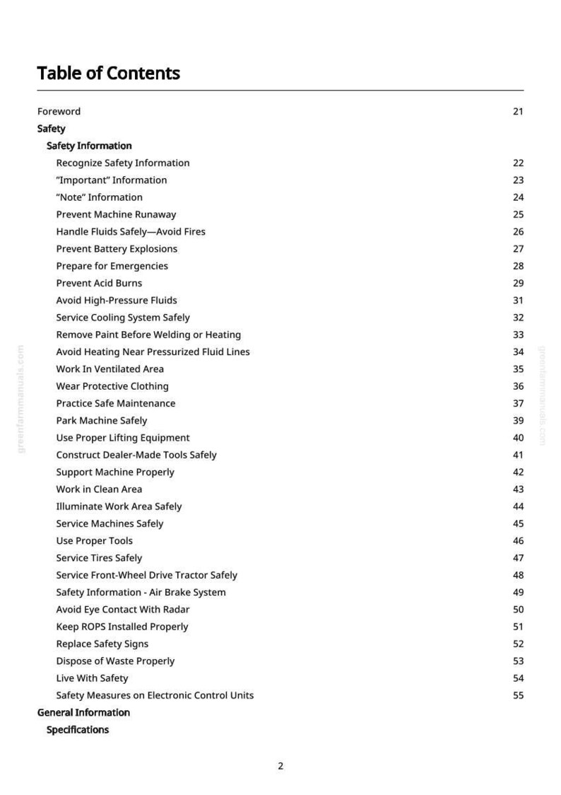 May include: A page from a manual titled "Table of Contents". The text lists safety topics such as "Prevent Machine Runaway", "Avoid High-Pressure Fluids", and "Service Tires Safely". The page number is visible.