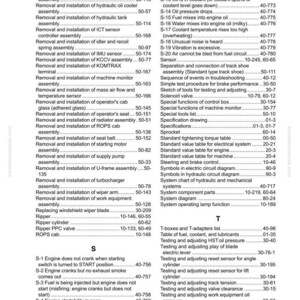 May include: A detailed index page from a Komatsu manual, featuring a comprehensive list of maintenance and repair procedures. The text is organized with headings and page numbers, covering topics from engine diagnostics to system component parts.