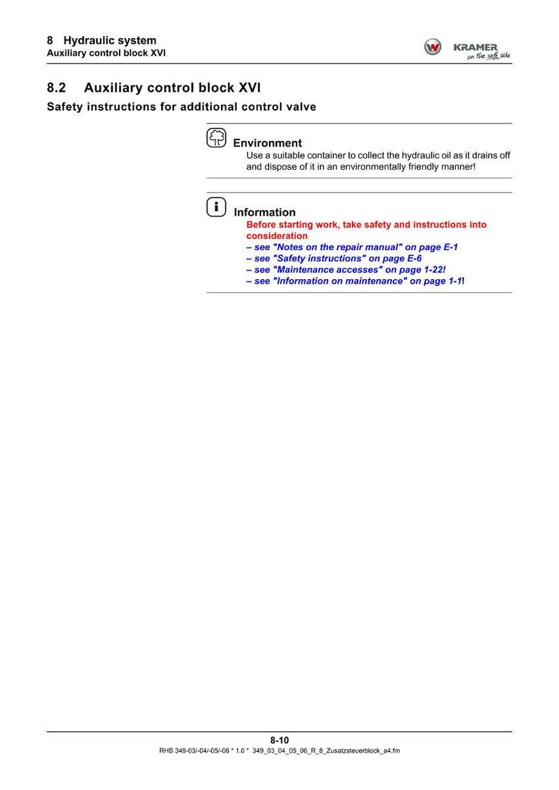 May include: A white page with text detailing safety instructions for an auxiliary control valve. The page includes sections on the environment and information, with references to other pages for further details. The Kramer logo is visible.