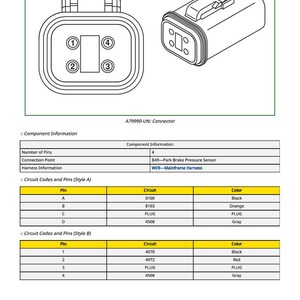 May include: Diagram of a connector labeled A79990-UN. The image includes two 3D illustrations of the connector and tables detailing circuit codes and pin configurations. The tables list pin numbers, circuit information, and color codes.