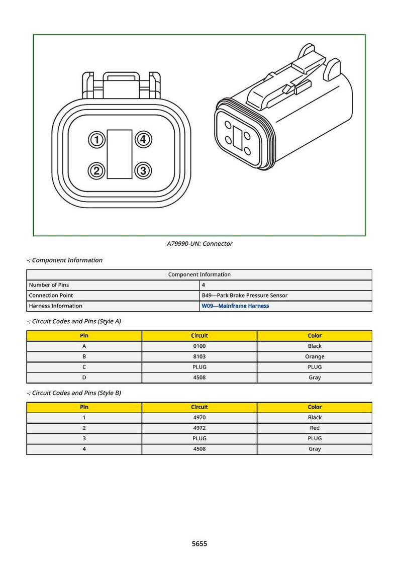 May include: Diagram of a connector labeled A79990-UN. The image includes two 3D illustrations of the connector and tables detailing circuit codes and pin configurations. The tables list pin numbers, circuit information, and color codes.