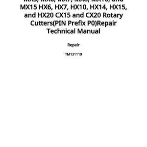 May include: A white document with black text detailing the repair manual for rotary cutters. The text includes model numbers such as MX5, MX6, and HX20. The document is labeled "Repair" and was published on June 1, 2013.