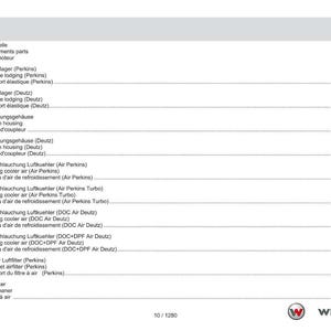 May include: A white page with a table of contents in German, English, and French. The table lists engine components, including motor attachments, air coolers, and air filters. The Weidemann logo is in the bottom right corner.