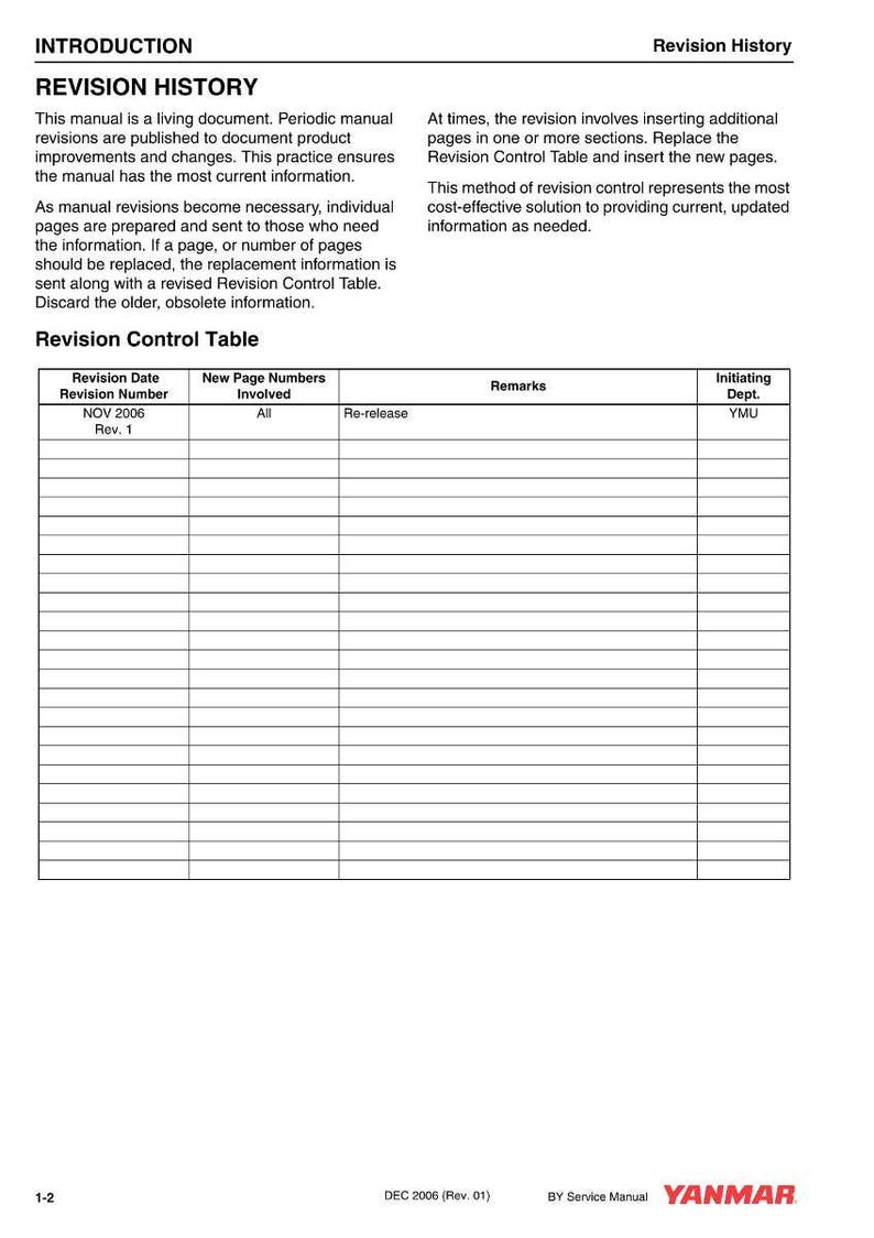 May include: A white document titled "REVISION HISTORY" with a table for tracking revisions. The table includes columns for revision date, page numbers, remarks, and initiating department. The document is a service manual.