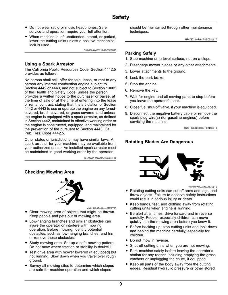 May include: A safety information sheet with text about mower operation. Includes warnings about headphones, spark arrestors, and safe parking. Also features instructions for checking the mowing area and avoiding hazards.