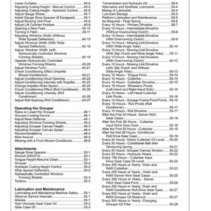 May include: A detailed table of contents from a manual, listing various operational and maintenance procedures for agricultural equipment. Includes page numbers for quick reference.
