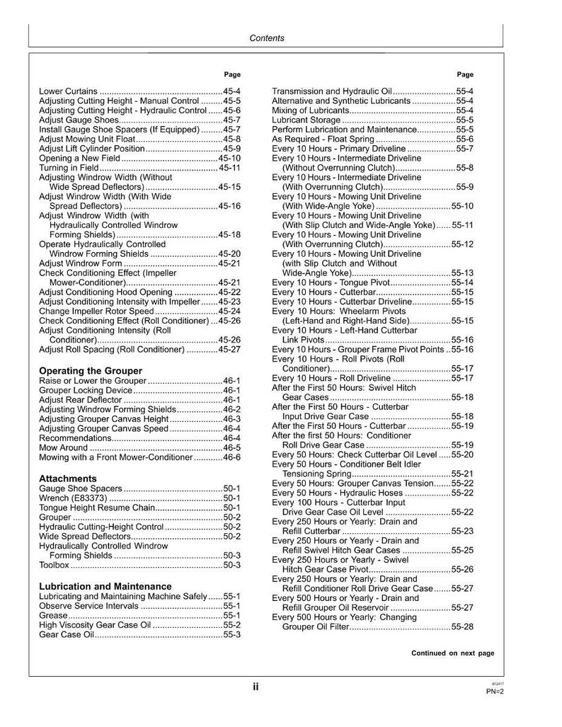 May include: A detailed table of contents from a manual, listing various operational and maintenance procedures for agricultural equipment. Includes page numbers for quick reference.