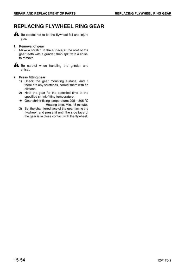 Peut inclure: Une page de manuel de r&eacute;paration expliquant le remplacement d'une couronne de volant moteur. Le texte donne des instructions &eacute;tape par &eacute;tape pour le retrait et le montage &agrave; la presse, avec des consignes de s&eacute;curit&eacute;. La page est blanche avec du texte noir.