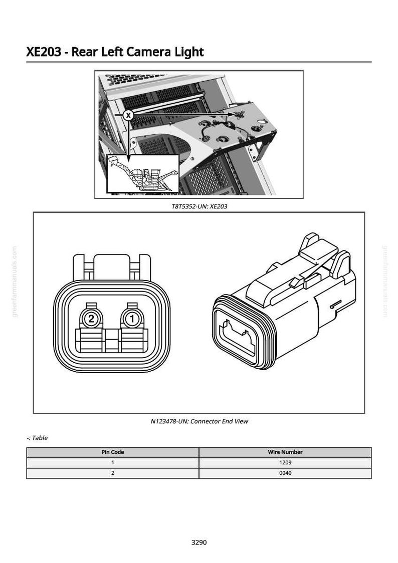 Pu&ograve; includere: Schema di una luce della telecamera posteriore sinistra, etichettata XE203, con vista finale del connettore N123478-UN. Include una tabella con codici pin e numeri di filo. L'immagine mostra anche un primo piano del connettore.