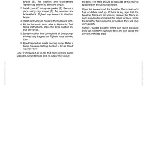 May include: A page from a manual detailing hydraulic component repair. The text describes installation steps for suction strainers, covers, and hoses, along with instructions for bleeding air. It also covers hydraulic tank breathers, including filter replacement and maintenance.