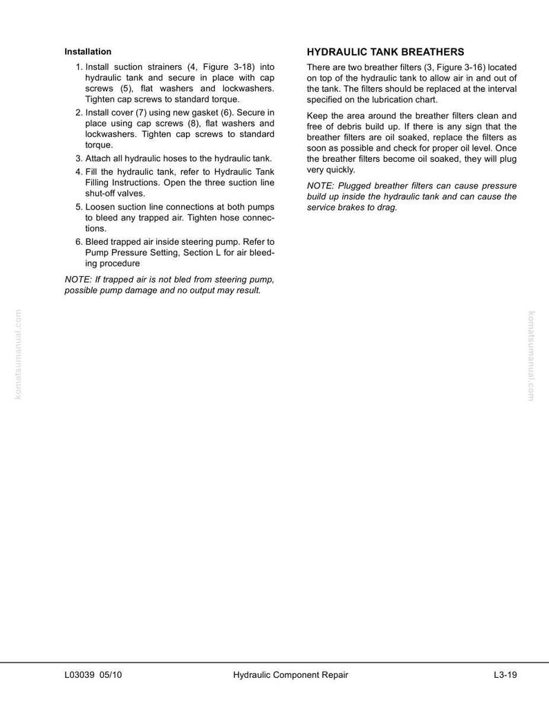 May include: A page from a manual detailing hydraulic component repair. The text describes installation steps for suction strainers, covers, and hoses, along with instructions for bleeding air. It also covers hydraulic tank breathers, including filter replacement and maintenance.