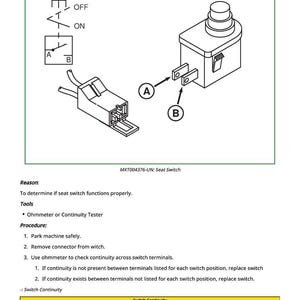May include: Diagram illustrating a seat switch test, featuring a switch, connector, and electrical symbols. The text reads "Seat Switch Test" and provides instructions for testing the switch's functionality using an ohmmeter. The image includes the text "MXT004376-UN: Seat Switch".