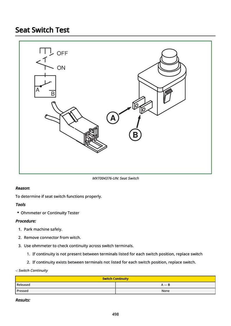 May include: Diagram illustrating a seat switch test, featuring a switch, connector, and electrical symbols. The text reads "Seat Switch Test" and provides instructions for testing the switch's functionality using an ohmmeter. The image includes the text "MXT004376-UN: Seat Switch".