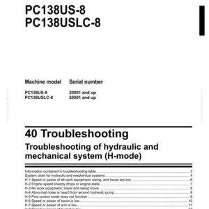 May include: Shop manual for a hydraulic excavator, featuring the models PC138US-8 and PC138USLC-8. The document includes troubleshooting information for the hydraulic and mechanical systems, with a table of contents.