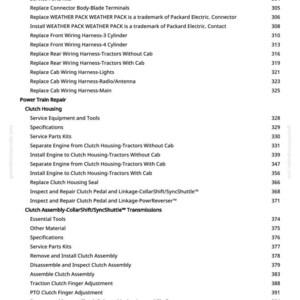 May include: A page from a manual with a table of contents. The text includes "Wiring Harness", "Clutch Housing", and "Clutch Assembly". Page numbers are listed on the right side. The website greenfarmmanuals.com is visible.