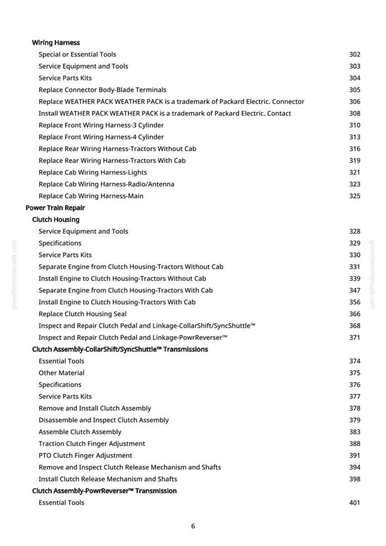 May include: A page from a manual with a table of contents. The text includes "Wiring Harness", "Clutch Housing", and "Clutch Assembly". Page numbers are listed on the right side. The website greenfarmmanuals.com is visible.