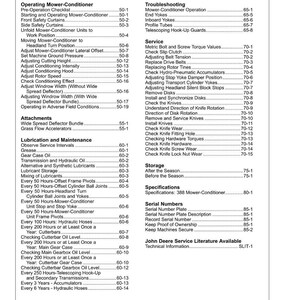 May include: A detailed table of contents from a John Deere service manual, listing topics like mower-conditioner operation, lubrication, maintenance, and troubleshooting. The page numbers are clearly indicated, and the document is for a 388 Mower-Conditioner.
