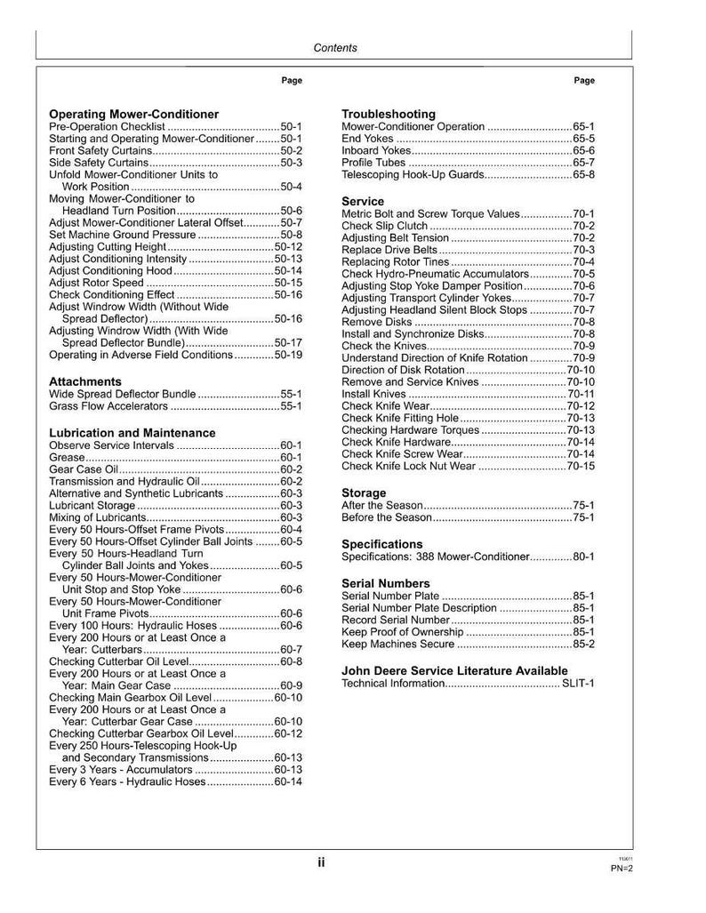 May include: A detailed table of contents from a John Deere service manual, listing topics like mower-conditioner operation, lubrication, maintenance, and troubleshooting. The page numbers are clearly indicated, and the document is for a 388 Mower-Conditioner.