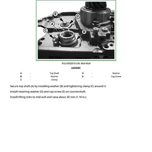 May include: Diagram of mechanical components with labels A, B, C, D, and E. The image includes a top shaft, washer, clamp, and cap screw. Text instructions are also present, including measurements in inches.