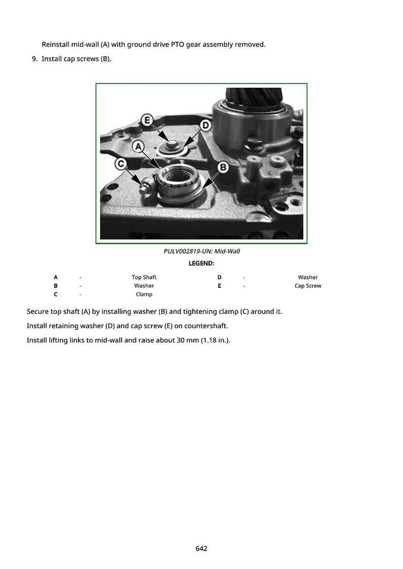 May include: Diagram of mechanical components with labels A, B, C, D, and E. The image includes a top shaft, washer, clamp, and cap screw. Text instructions are also present, including measurements in inches.