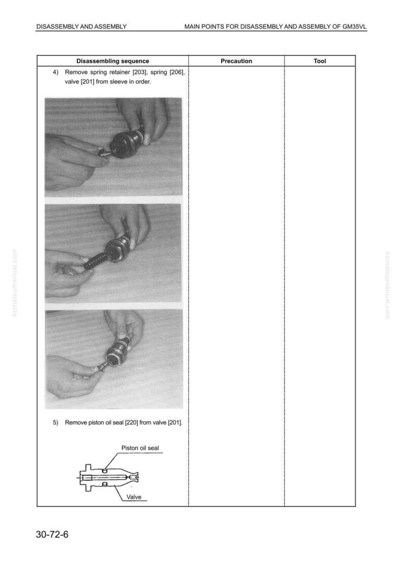 May include: A technical diagram showing the disassembly and assembly of a GM35VL component. The image details a sequence of steps, including removing a spring retainer, spring, and valve. The diagram also includes a labeled illustration of a piston oil seal and valve.