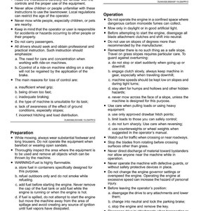 May include: A safety manual page titled "Safety", detailing training, preparation, and operational guidelines. The text includes warnings about fuel, operating in confined spaces, and the importance of following instructions.