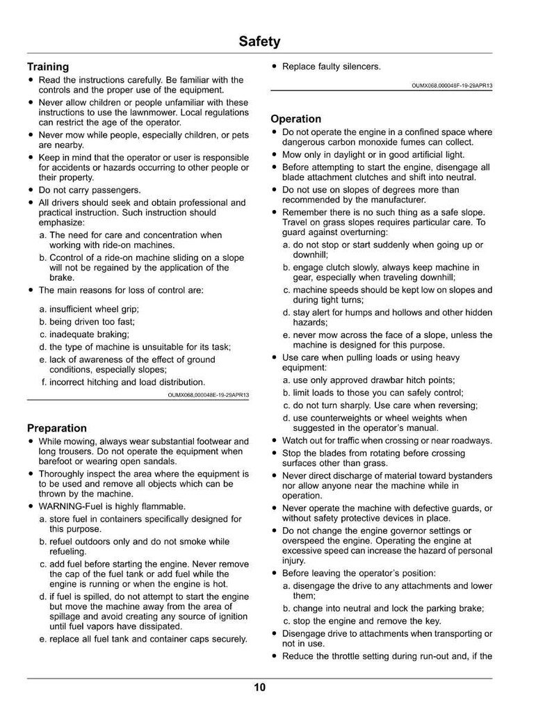May include: A safety manual page titled "Safety", detailing training, preparation, and operational guidelines. The text includes warnings about fuel, operating in confined spaces, and the importance of following instructions.