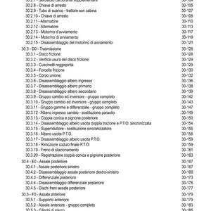 May include: A detailed index in Italian, listing various tractor parts and their corresponding page numbers. The document includes sections on transmission, axles, and engine components, providing a comprehensive parts list.