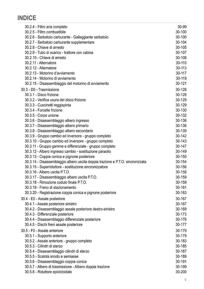 May include: A detailed index in Italian, listing various tractor parts and their corresponding page numbers. The document includes sections on transmission, axles, and engine components, providing a comprehensive parts list.