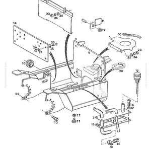 K&ouml;nnte beinhalten: Explosionszeichnung eines mechanischen Chassis in Schwarzwei&szlig;, mit nummerierten Komponenten wie Halterungen, Schrauben und Rohren. Der Text "1. Chassis" ist oben im Bild zu sehen.