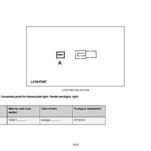 K&ouml;nnte beinhalten: Diagramm einer elektrischen Komponente, mit einem 1-poligen Stecker f&uuml;r Kennzeichenbeleuchtung oder Kotfl&uuml;gelarbeitslicht. Das Diagramm enth&auml;lt eine Tabelle mit Drahtdetails, einschlie&szlig;lich eines orangefarbenen Drahtes.