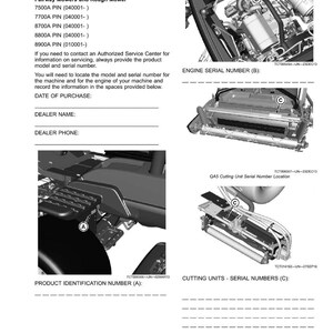 May include: Product identification guide for fairway mowers and rough mowers. Includes diagrams of engine and cutting unit serial number locations. Also includes spaces to record the date of purchase, dealer name, and dealer phone.