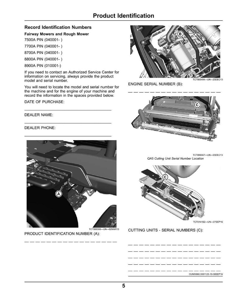 May include: Product identification guide for fairway mowers and rough mowers. Includes diagrams of engine and cutting unit serial number locations. Also includes spaces to record the date of purchase, dealer name, and dealer phone.