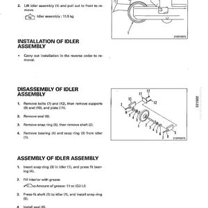 May include: Diagram of idler assembly components with numbered parts and instructions for removal, installation, and disassembly. Includes illustrations and text detailing each step, with measurements in kilograms and cubic centimeters.