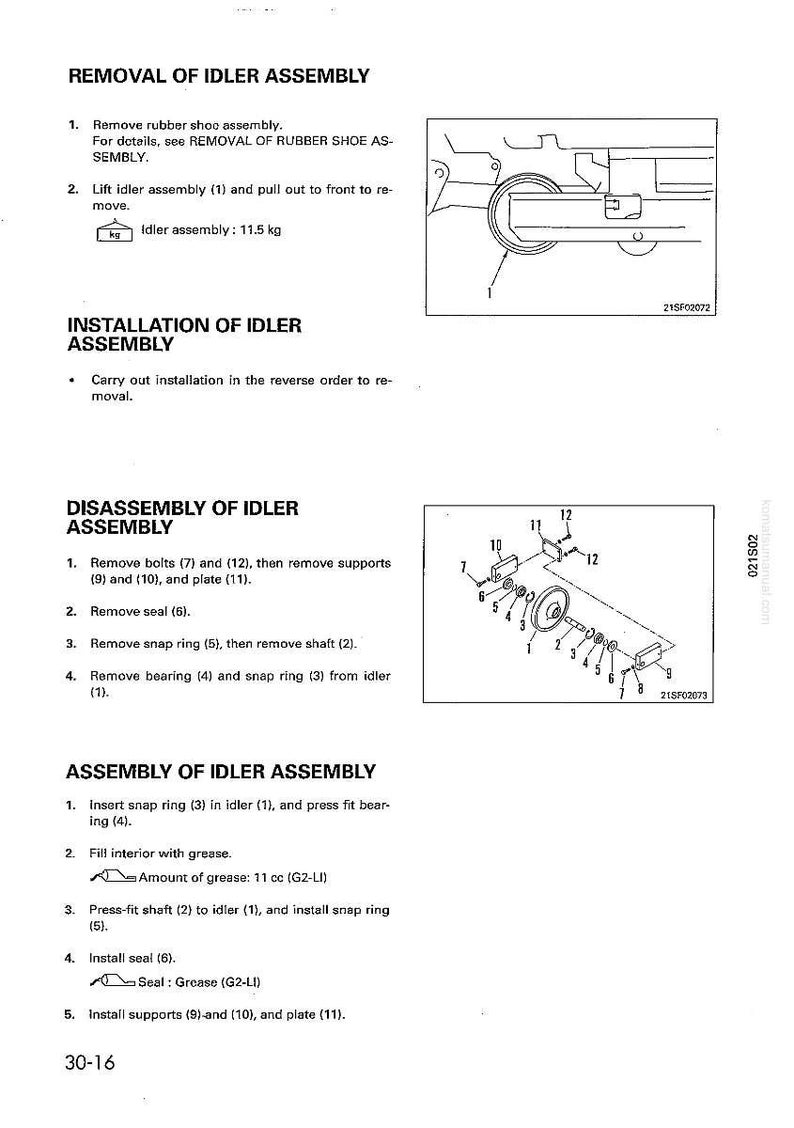 May include: Diagram of idler assembly components with numbered parts and instructions for removal, installation, and disassembly. Includes illustrations and text detailing each step, with measurements in kilograms and cubic centimeters.
