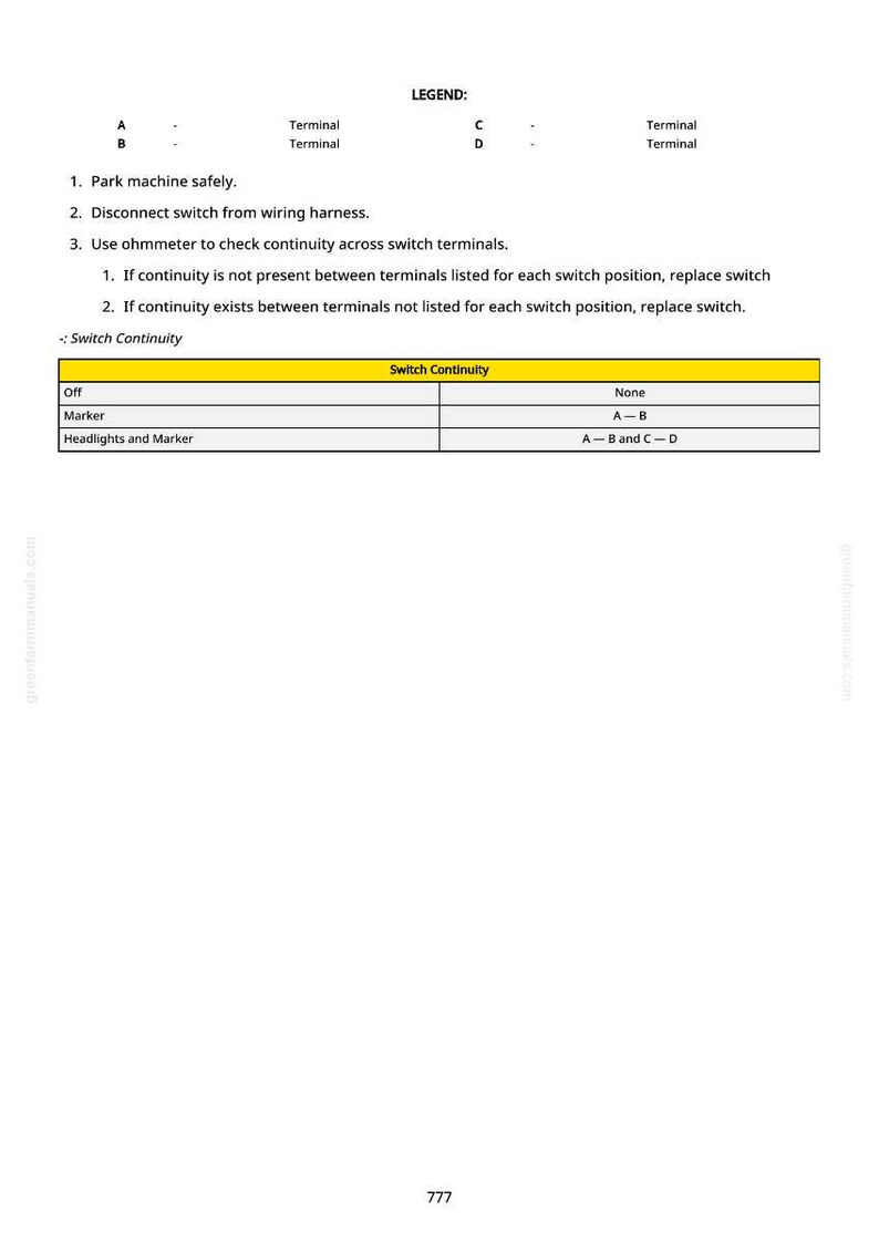 May include: A white document with black text detailing electrical switch continuity testing. The document includes instructions, a legend, and a table showing switch positions and terminal connections for troubleshooting.