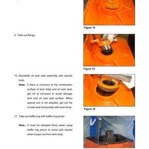 May include: Diagram of a transmission and torque converter disassembly process. The images show various steps, including loosening bolts, removing flanges, and dismantling oil seal seat assemblies. The components are bright orange.