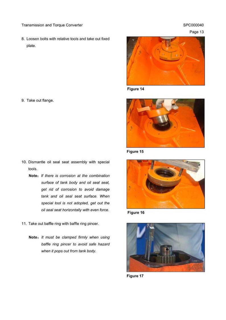May include: Diagram of a transmission and torque converter disassembly process. The images show various steps, including loosening bolts, removing flanges, and dismantling oil seal seat assemblies. The components are bright orange.