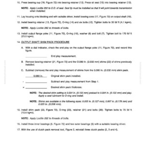 May include: A page from a shop manual, detailing procedures for output shaft shim pack installation. The text includes instructions for measuring end play, removing and installing components, and applying Loctite. Measurements are in inches and foot-pounds.
