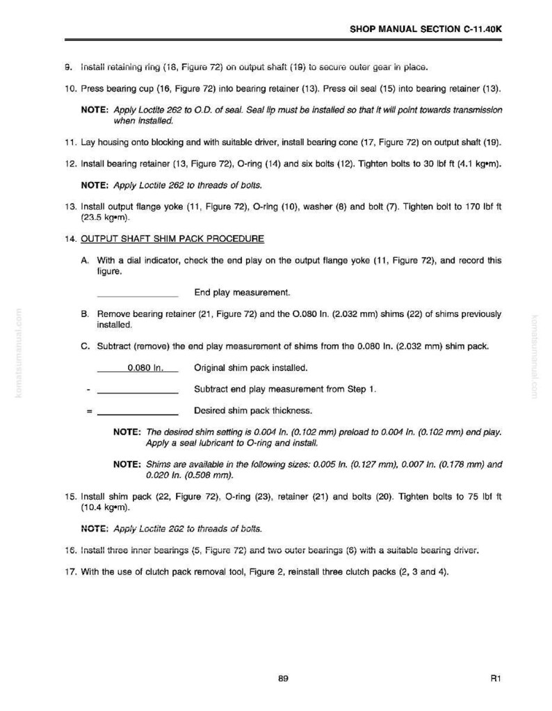May include: A page from a shop manual, detailing procedures for output shaft shim pack installation. The text includes instructions for measuring end play, removing and installing components, and applying Loctite. Measurements are in inches and foot-pounds.