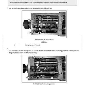 May include: Diagram illustrating the disassembly and assembly of a shift shaft. The image shows detailed views of the shift shaft components, with labels and instructions for removing spring-type pins and separating shift fork shafts. Text includes "Disassemble, check and assemble shift shaft."