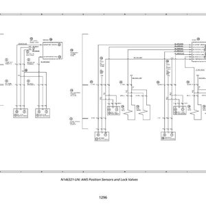 Puede incluir: Diagrama en blanco y negro de sensores de posici&oacute;n AWS y v&aacute;lvulas de bloqueo, con una compleja red de l&iacute;neas, cuadros y s&iacute;mbolos. El diagrama est&aacute; etiquetado como "N146321-UN" e incluye el n&uacute;mero "1296" en la parte inferior.